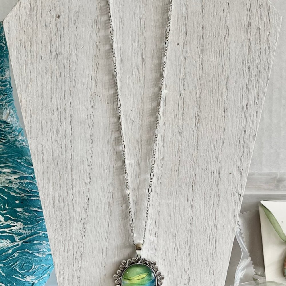 Watercolor Flower Pendant Necklace, Floral Metal Necklace, Boho Jewelry - Picture 7 of 11